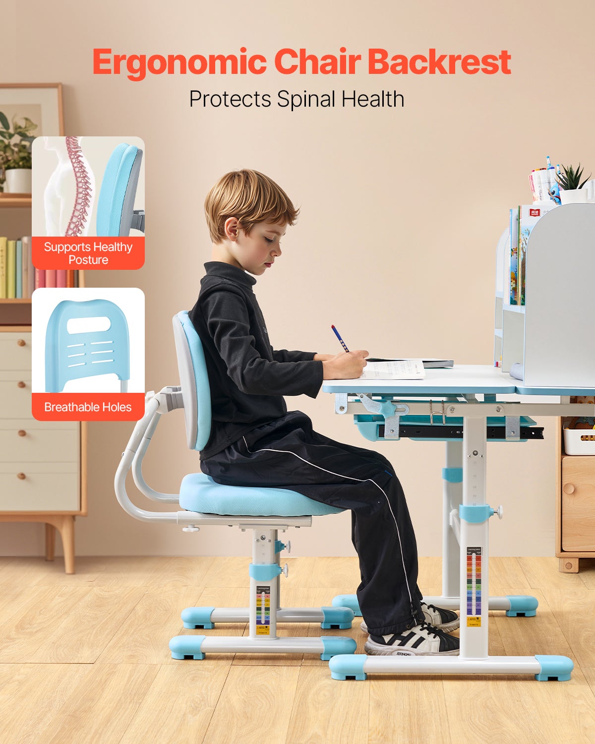 Ensemble Bureau Enfant VEVOR avec Chaise Réglable en Hauteur, Tiroir et Bureau Inclinable 0-40°, Chambre Bleue - 4