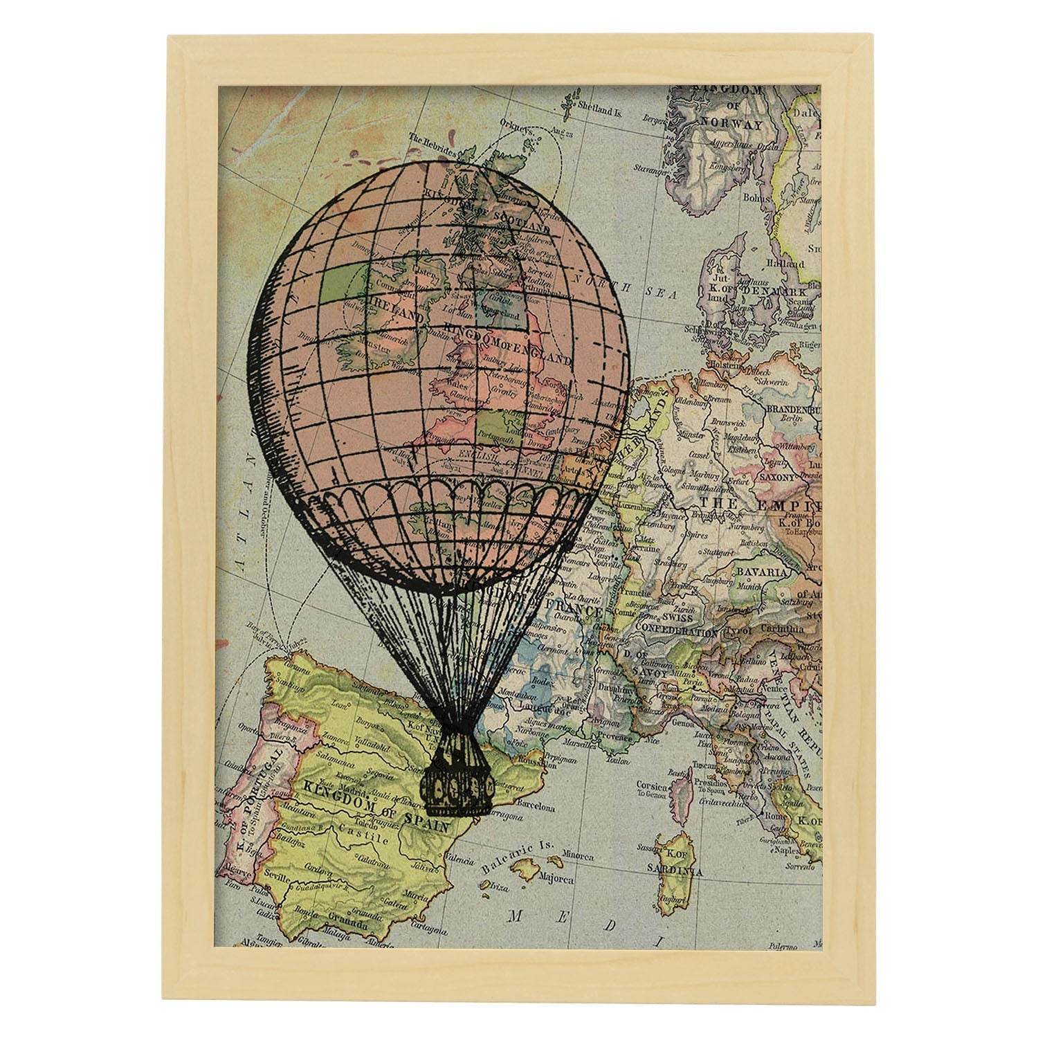 Poster de globo rosa en europa. láminas de globos aeroestaticos. diseño con imagenes de globos. marco blanco - a3
