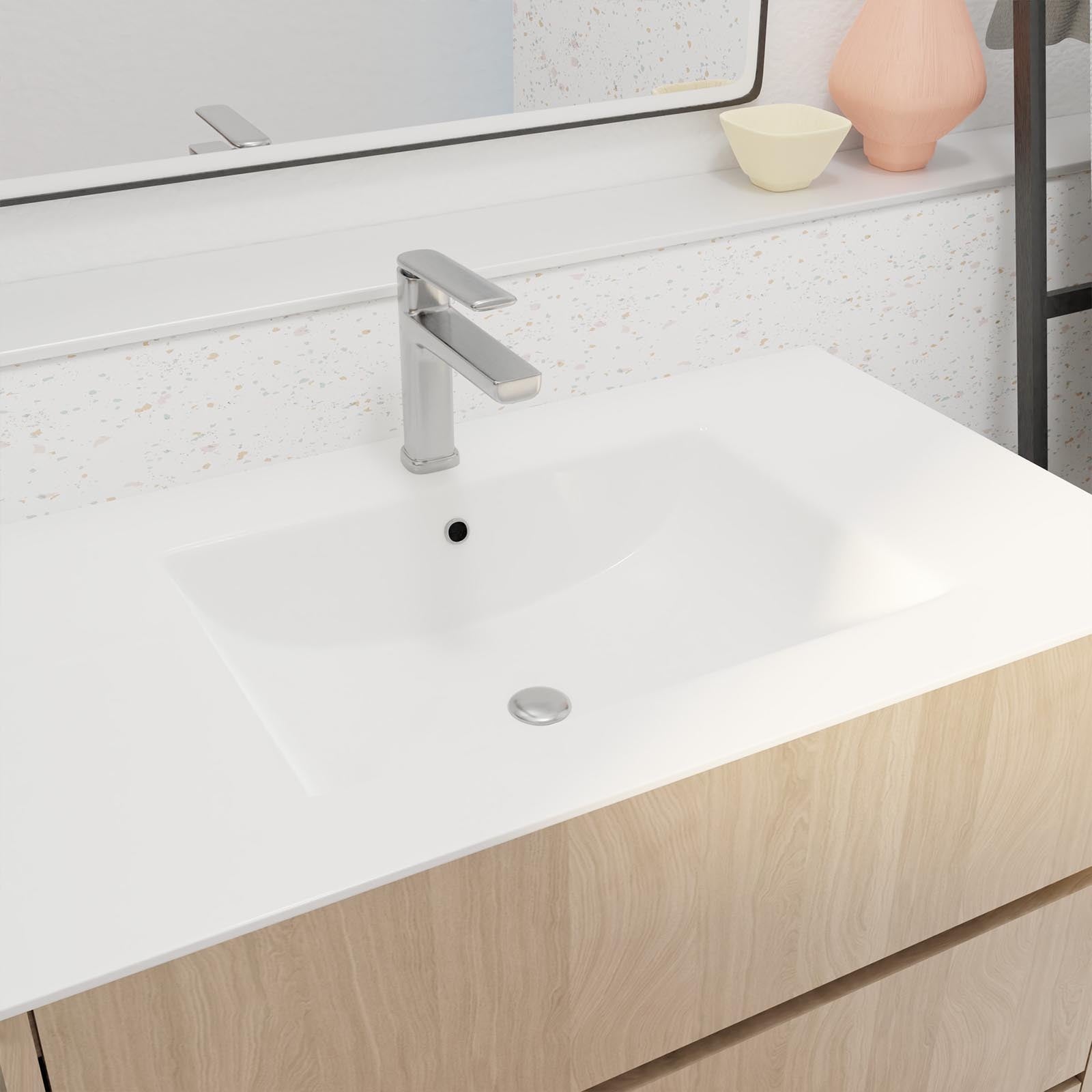 Pack Meuble Salle de Bains 80 cm Chêne Clair, 3 tiroirs avec Vasque Céramique - XENOS - 6