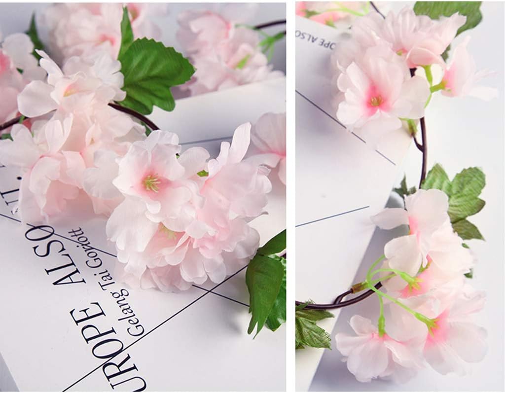 2 Pack 230cm Faux Cerise Vigne Fleurs Plante Artificielles Lierre Suspendu Guirlande de Soie aux Feuilles Vertes pour Intérieur (Rose) - 2