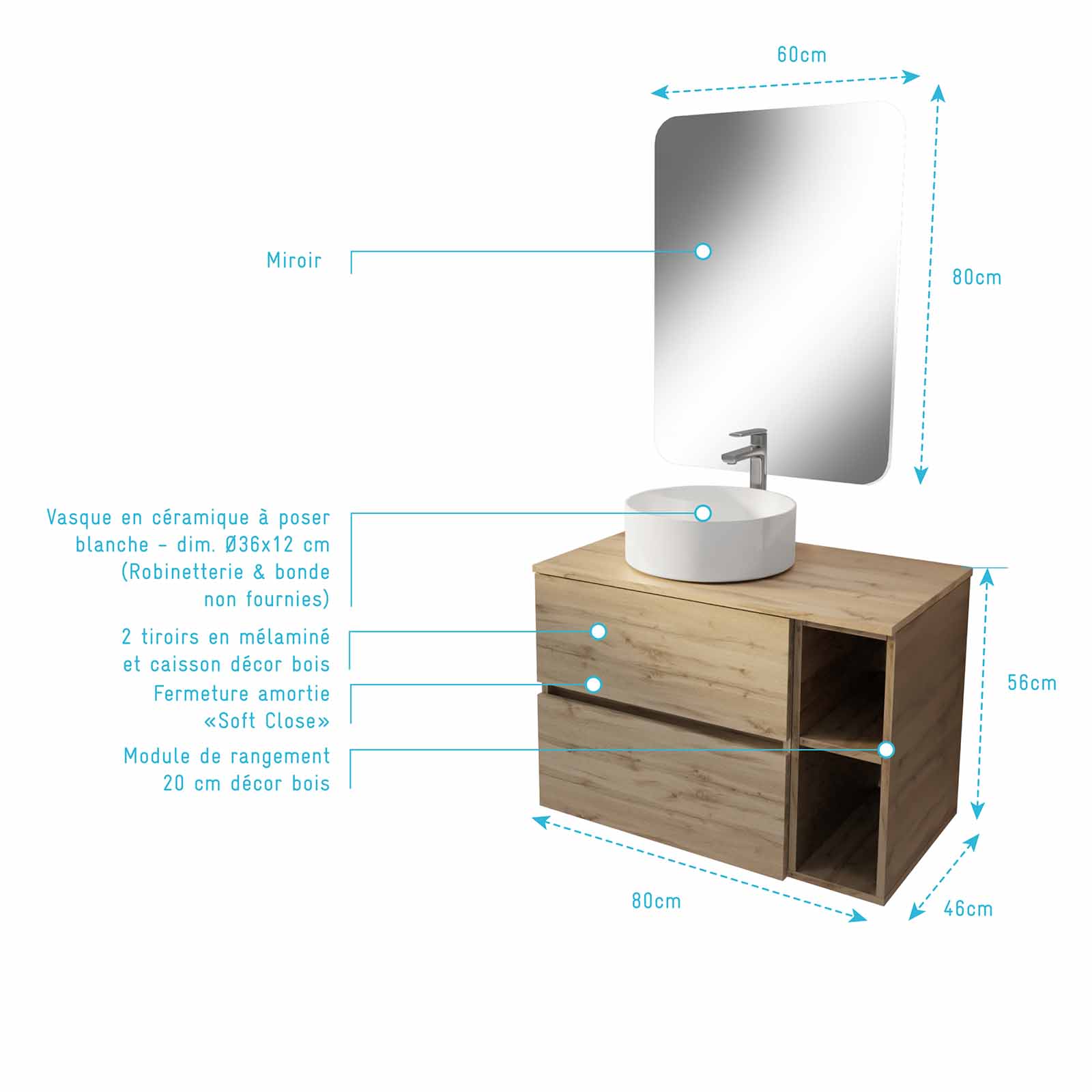 Meuble salle de bains 80 TIMBER Décor Chêne Tiroirs + Module - Vasque Blanche - Miroir 60x80 - 4