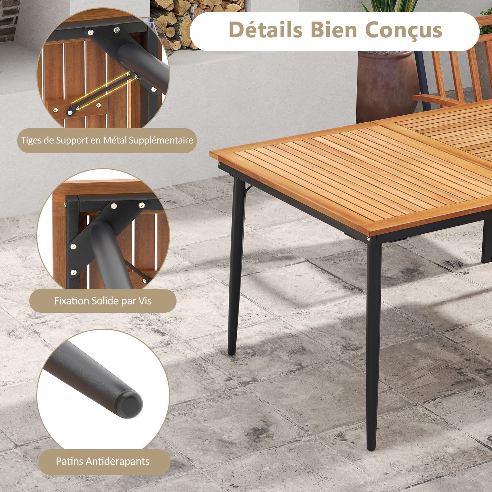 Table à Manger Extérieur en Bois d'Acacia Certifié FSC pour 8 Personnes, Table 200x90 cm avec Trou pour Parasol 5 cm, Pied en Métal 3 - 2