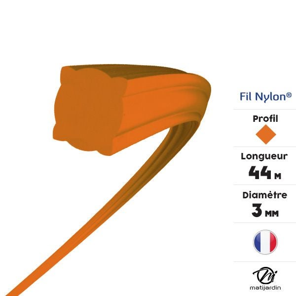 Fil nylon 3 mm x 44 m Carré Orange Blister par 2 - 4