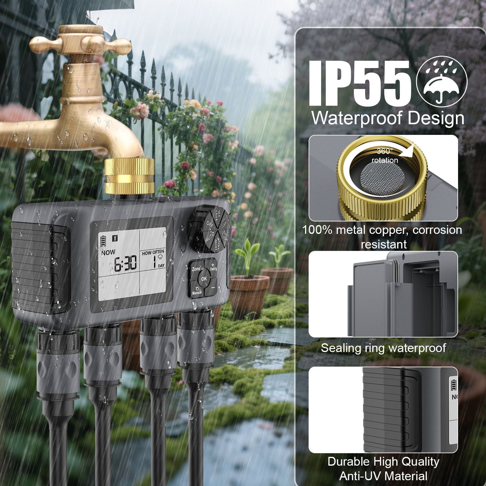 BEXTCOK Válvula inteligente de controlo individual de quatro vias, temporizador de rega automática, temporizador para rega de flores no jardim - 7