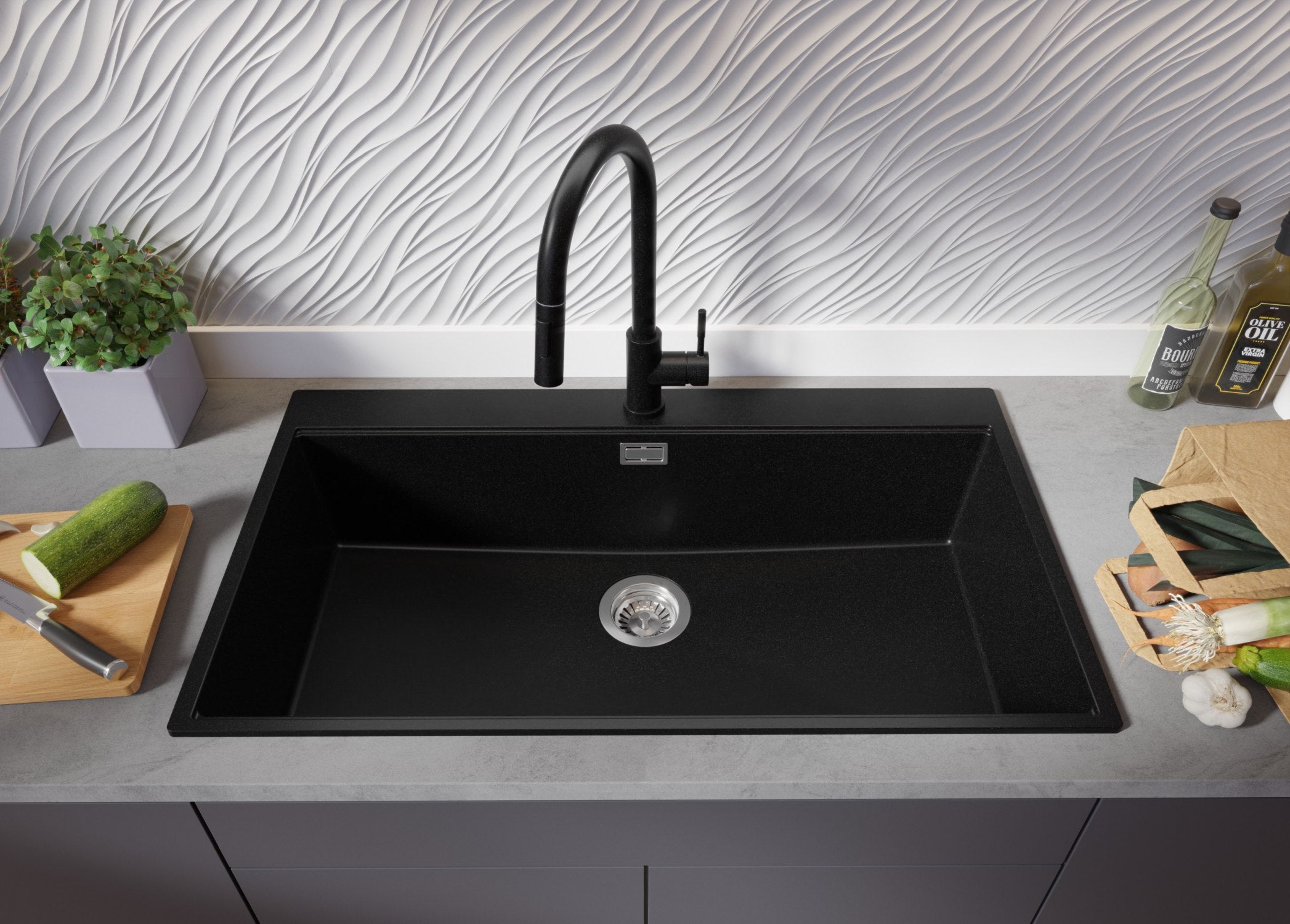 Lavandino da Cucina Nero 88x50cm, Lavello in Granito a 1 vasca + Sifone Classico + Accessori, Lavabo da Cucina Incasso al mobile 90cm PRIMAGRAN - 3