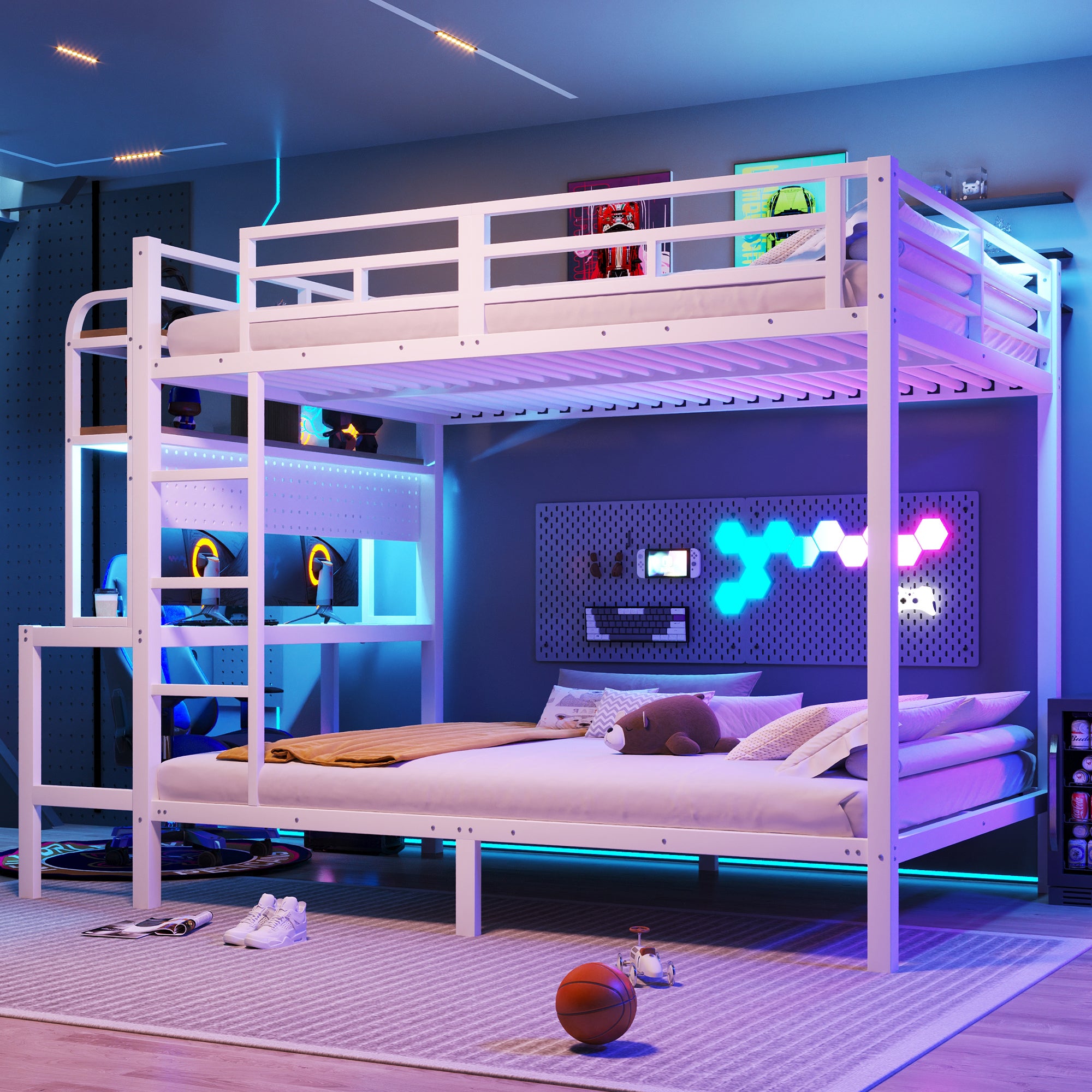 Lit superposé 140x200 avec bureau intégré, LED et ports USB - Structure métal, garde-corps et échelle - Blanc (sans matelas) - 2