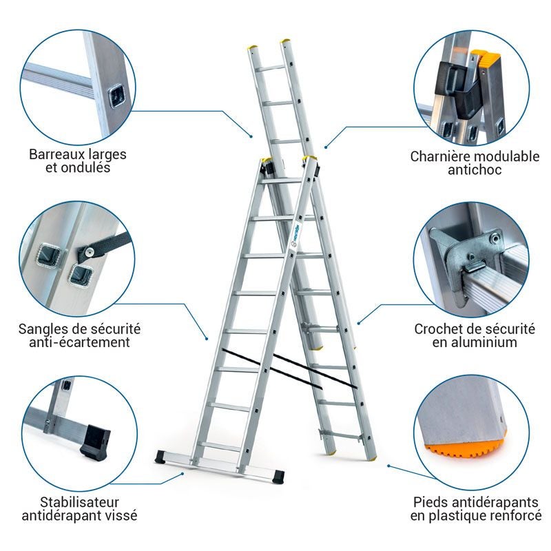 HOSTRÖM Echelle transformable 3 plans StablePro 3x8 marches aluminium extensible coulissante, 6 positions, hauteur travail max 5,05m, garantie 5 ans - 2
