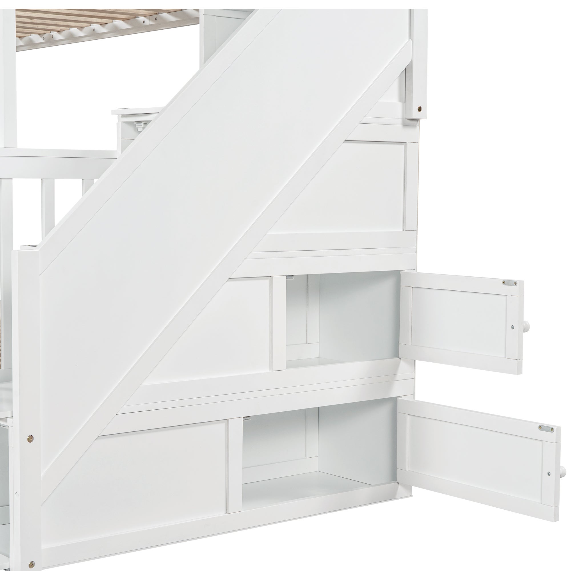 Lit superposé en pin massif avec tiroirs et escalier de rangement - 90x200cm + 140x200cm - Blanc - 9