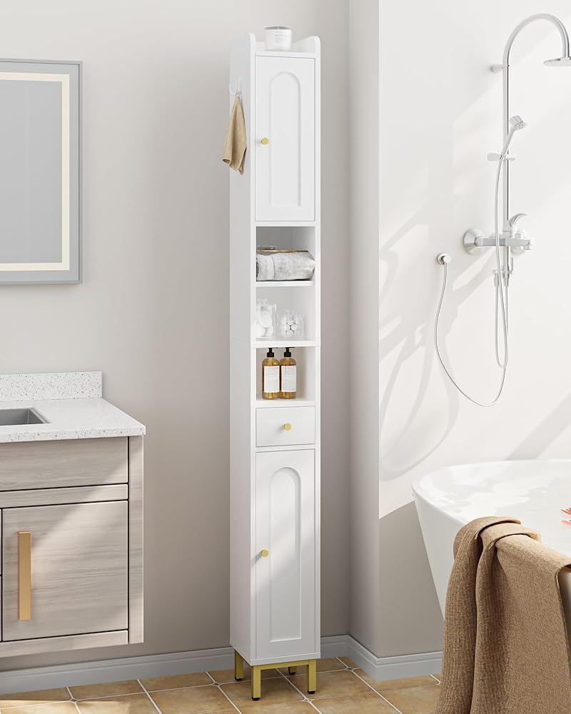 Armario para Baño Alto, Armario Estrecho para Papel Higiénico 2 Puertas y Cajón, Organizador de Baño Estante Ajustable, Blanco - 2