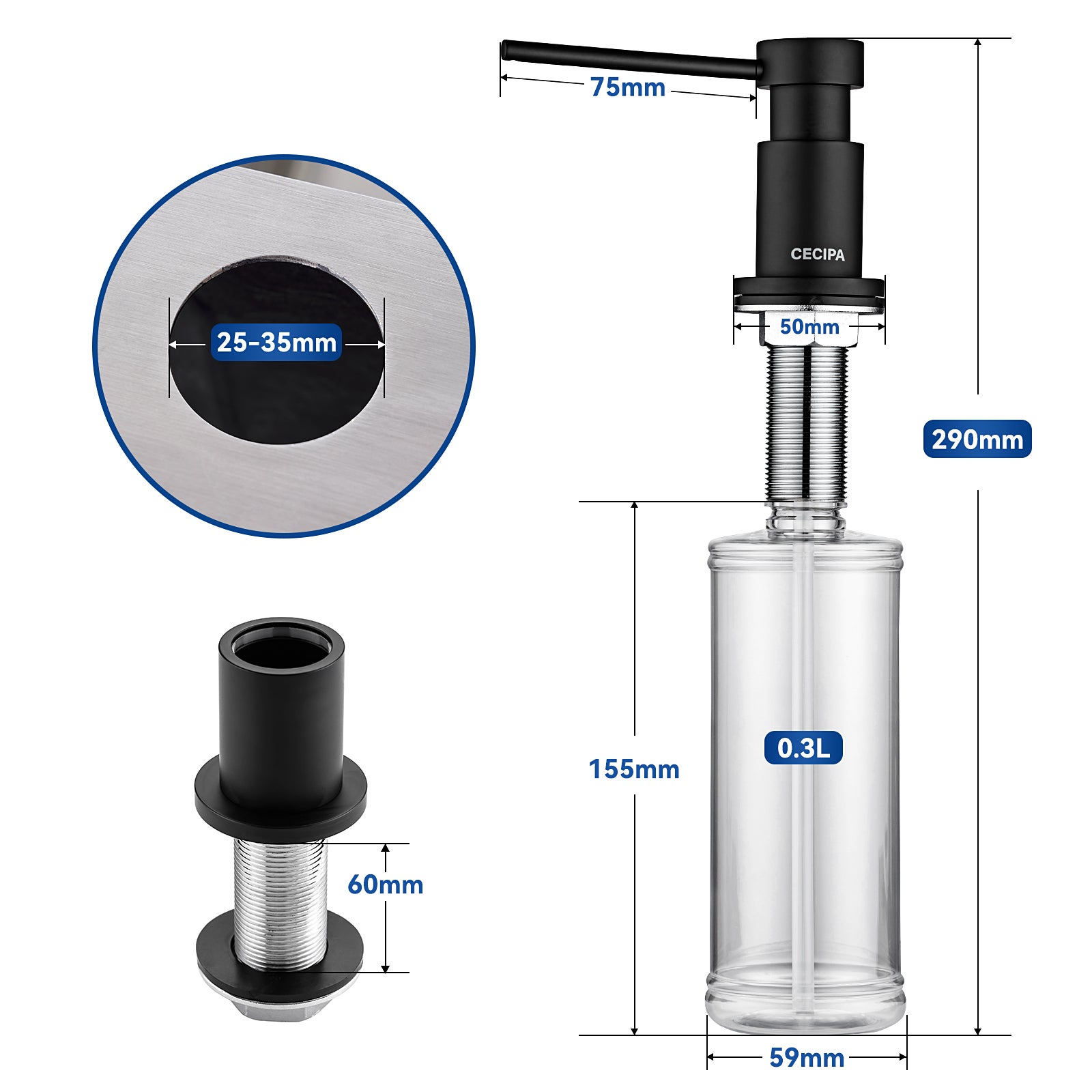 Noir Distributeur de Savon de Cuisine, Distributeur de Savon pour Evier de Cuisine avec Récipient de 300ML + Tuyau d'extension en Silicone de 1,25M - 4
