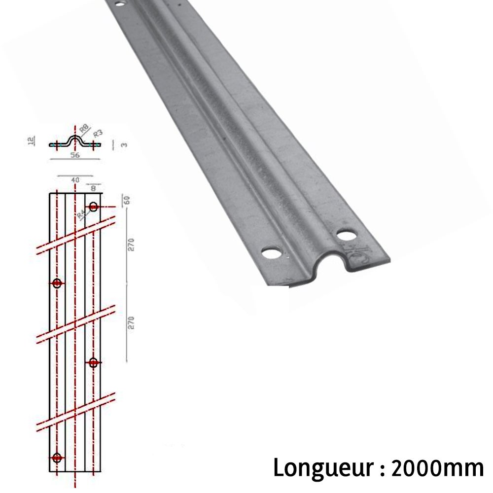Rail pour portail coulissant à visser au sol - Gorge Ronde de 16mm - Longueur de 2000mm, largeur de 53mm et épaisseur de 2,5mm - En acier zingué - 2