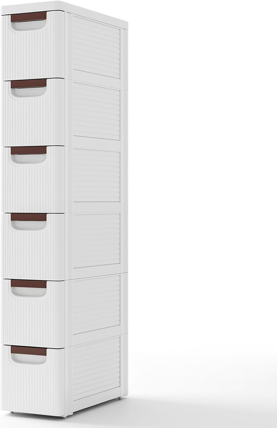 Comodă mică și îngustă, mobilier de depozitare cu 3 sertare din plastic, comodă de baie cu roți, dulap mic, 42x19x109 cm (6 rafturi)