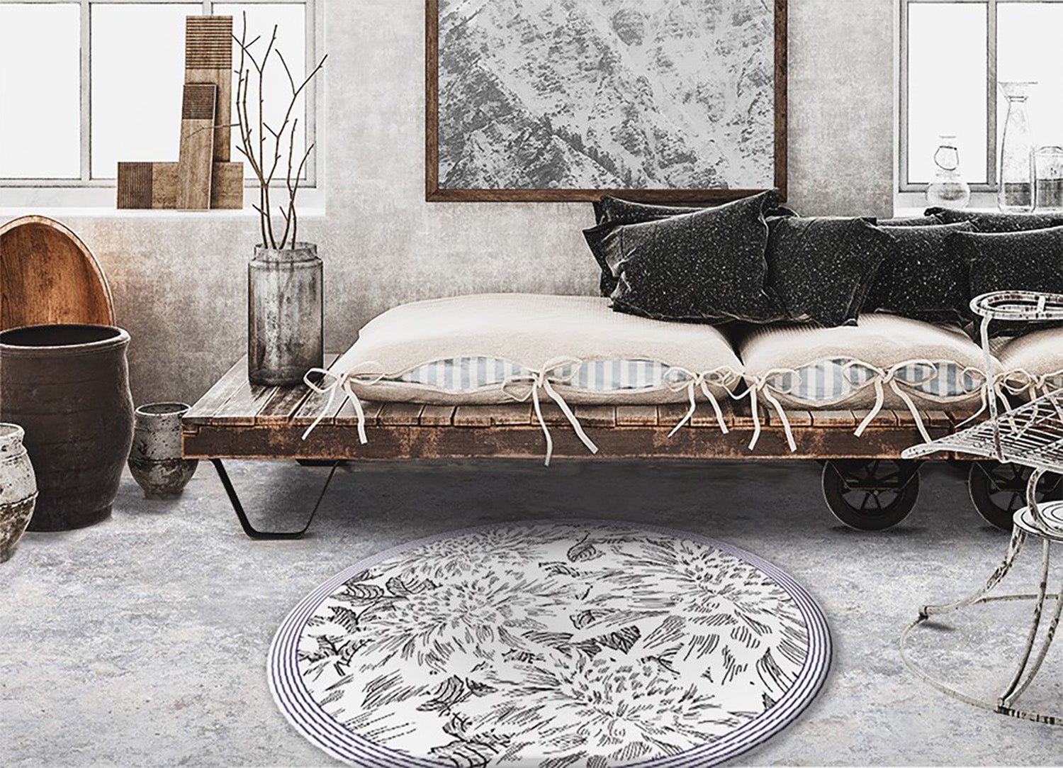 Tappeto vinilico rotondo contorni di boccioli, tappeto in vinile floreale fine decor elegante per interni 130x130 cm – Tulup - 2