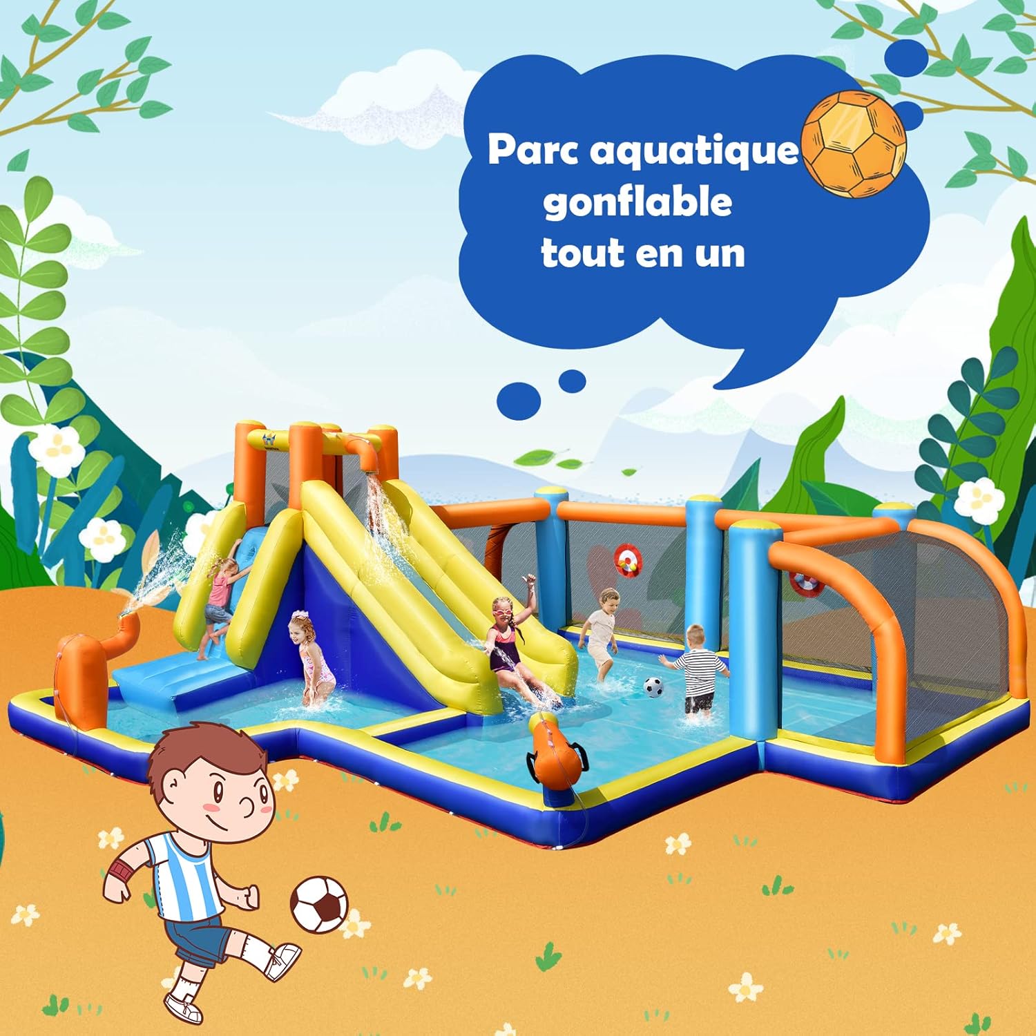 Castelo Inflável com Soprador 680W, Escorrega Aquático, Parede de Escalada, Piscina, Campo de Futebol Jogo de Dardos para Crianças 3-12 Anos - 4