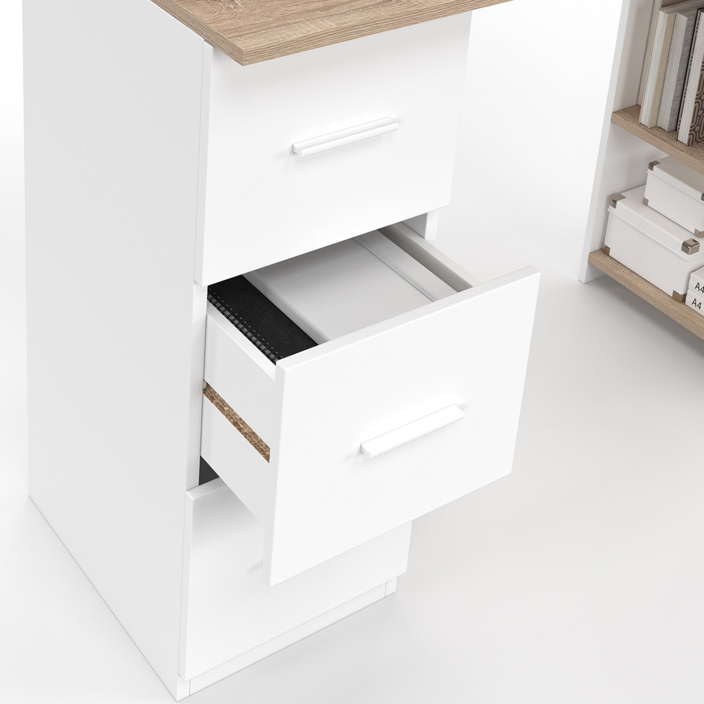 Bureau droit MAE 3 tiroirs avec étagères de rangement blanc et bois - 5