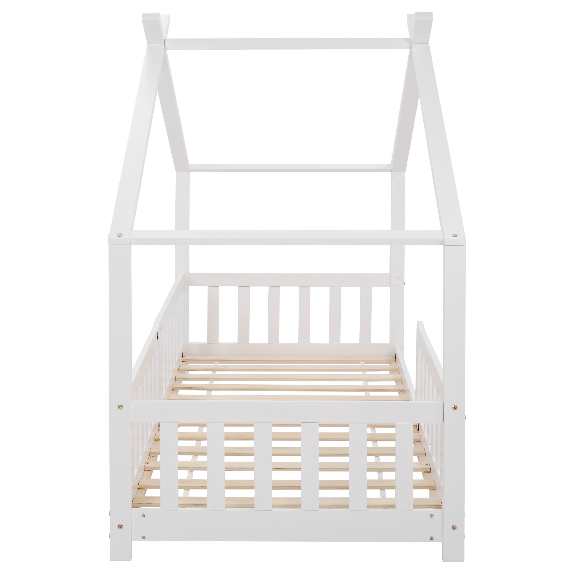 Letto a capanna per bambini 90x200 cm in legno massello con protezione anticaduta e rete a doghe - Bianco - 6