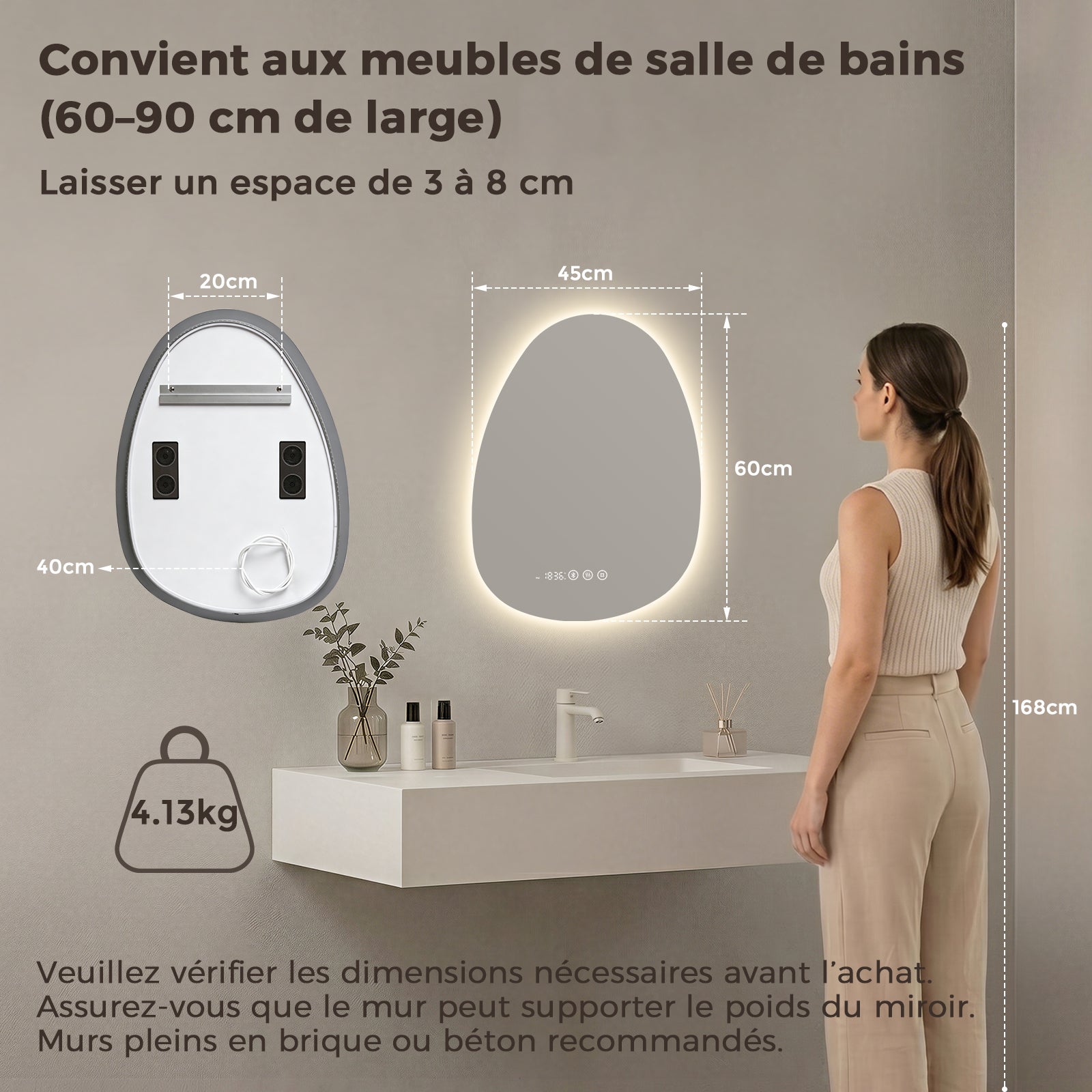 S'AFIELINA Miroir de Salle de Bain avec Éclairage Asymétrique 60 x 45 cm, 3 Couleurs de Lumière Réglables, Antibuée, Bluetooth, Horloge, Température - 7