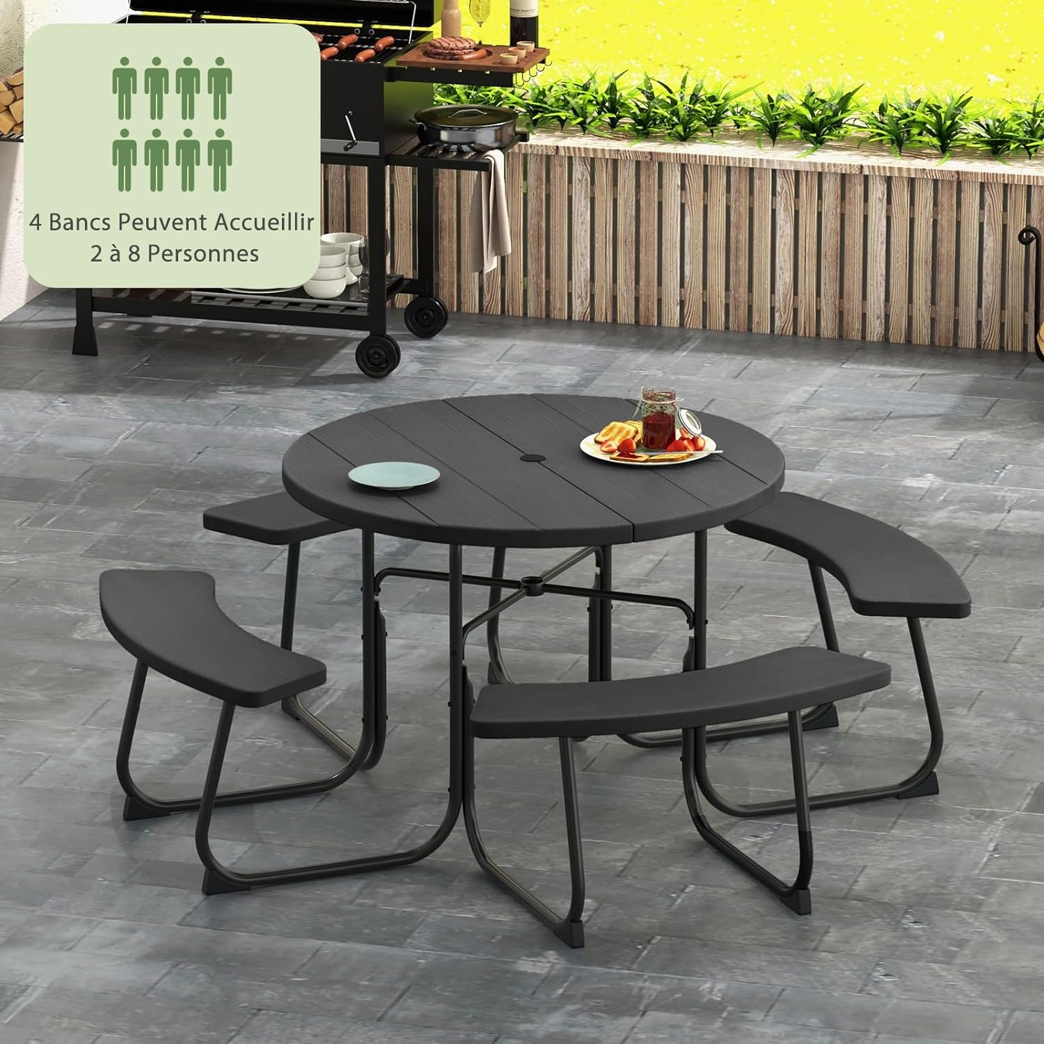 Table de Pique-Nique avec 4 Bancs Intégrés, Trou de Parasol, Cadre en Acier, Plateau HDPE pour 8 Personnes - 4