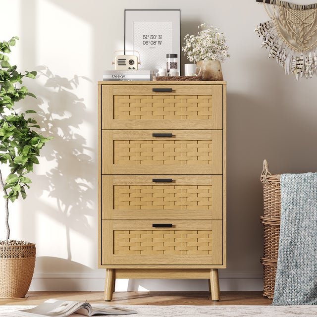 Cómoda 4 cajones en ratán, Mueble de almacenaje con patas de madera maciza, Cómoda dormitorio, Sinfonier salón, 55x40x95cm madera clara
