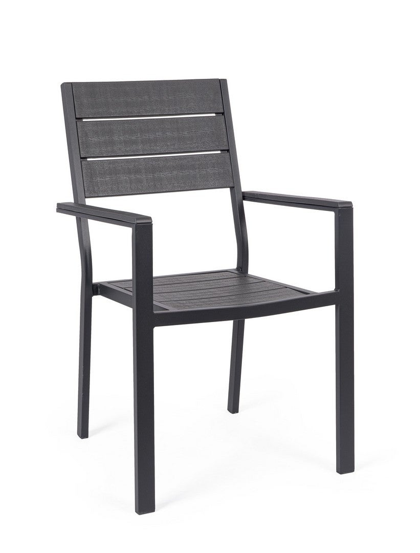 Krzesło ze stalowymi podłokietnikami oraz siedziskiem i oparciem z HDPE z efektem słojów drewna, antracyt