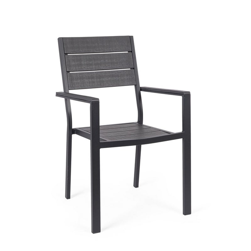 Krzesło ze stalowymi podłokietnikami oraz siedziskiem i oparciem z HDPE z efektem słojów drewna, antracyt