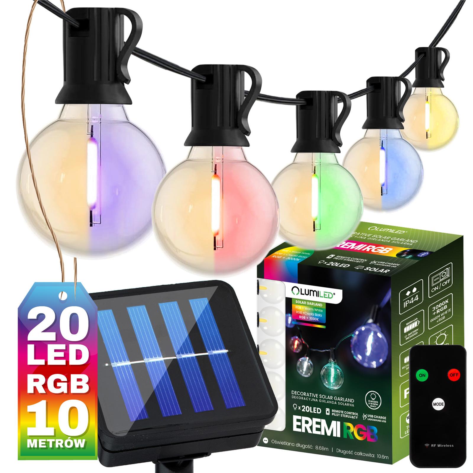 Girlanda Solarna Lumiled Ogrodowa 20x LED Ozdobne Żarówki G50 10.6m 3000K Ciepła biel RGB + Pilot 1 szt.