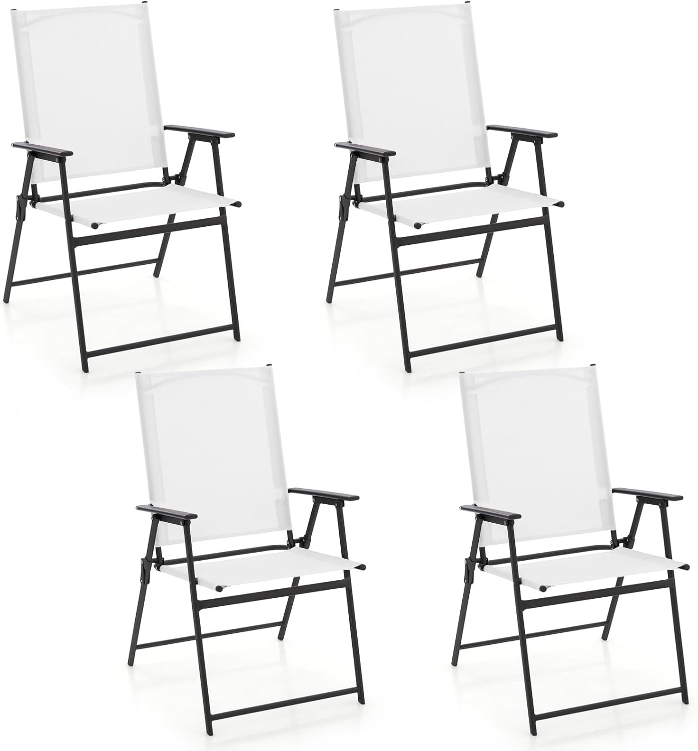 Zestaw 4 Krzeseł Ogrodowych z Tekstylenu, Metalowa Rama, Składane Krzesła z Wysokim Oparciem i Poręczami, Krzesła Kempingowe do Ogrodu/Tarasu, Białe