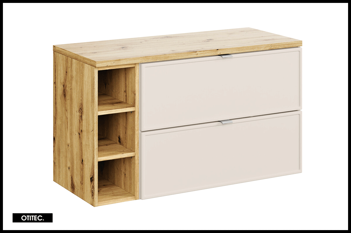 Szafka pod umywalkę nablatową BELLA CASHMERE 80cm kaszmir/dąb artisan - zestaw 100 cm z regałem i blatem