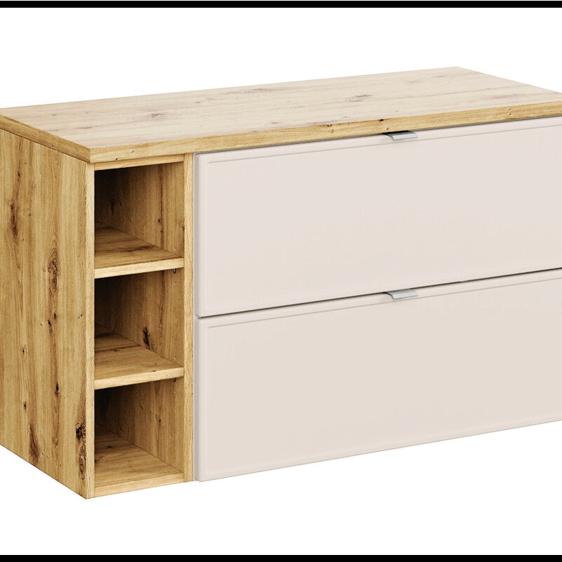 Szafka pod umywalkę nablatową BELLA CASHMERE 80cm kaszmir/dąb artisan - zestaw 100 cm z regałem i blatem