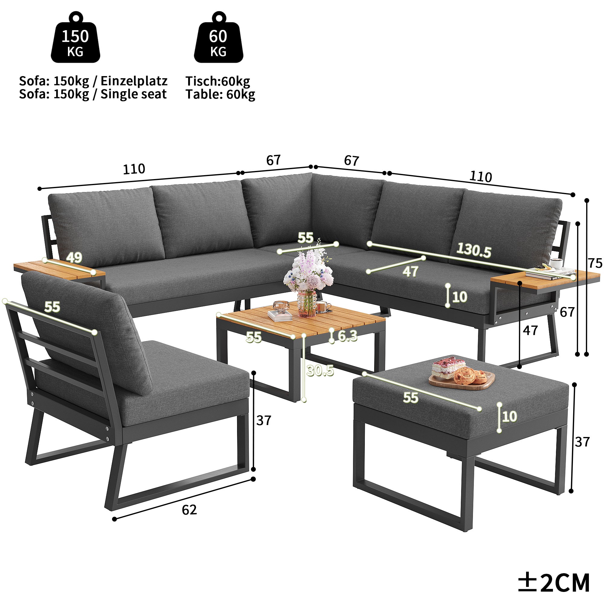Salon de jardin en fer forgé pour 7 personnes, canapé de jardin en forme L, mobilier pour balcon et terrasse, ensemble de 5 pièces, avec coussins gris - 2