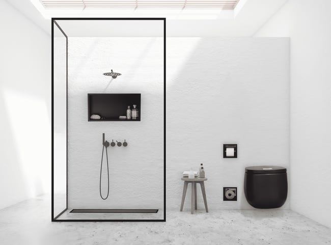 Idralite – Caniveau de douche 50 cm en acier inox et verre noir – Cache amovible – Siphon nettoyable – Raccord d'évacuation 40 mm inclus Idralite – Caniveau de douche 50 cm en acier inox et verre noir – Cache amovible – Siphon nettoyable – Raccord d'évacuation 40 mm inclus