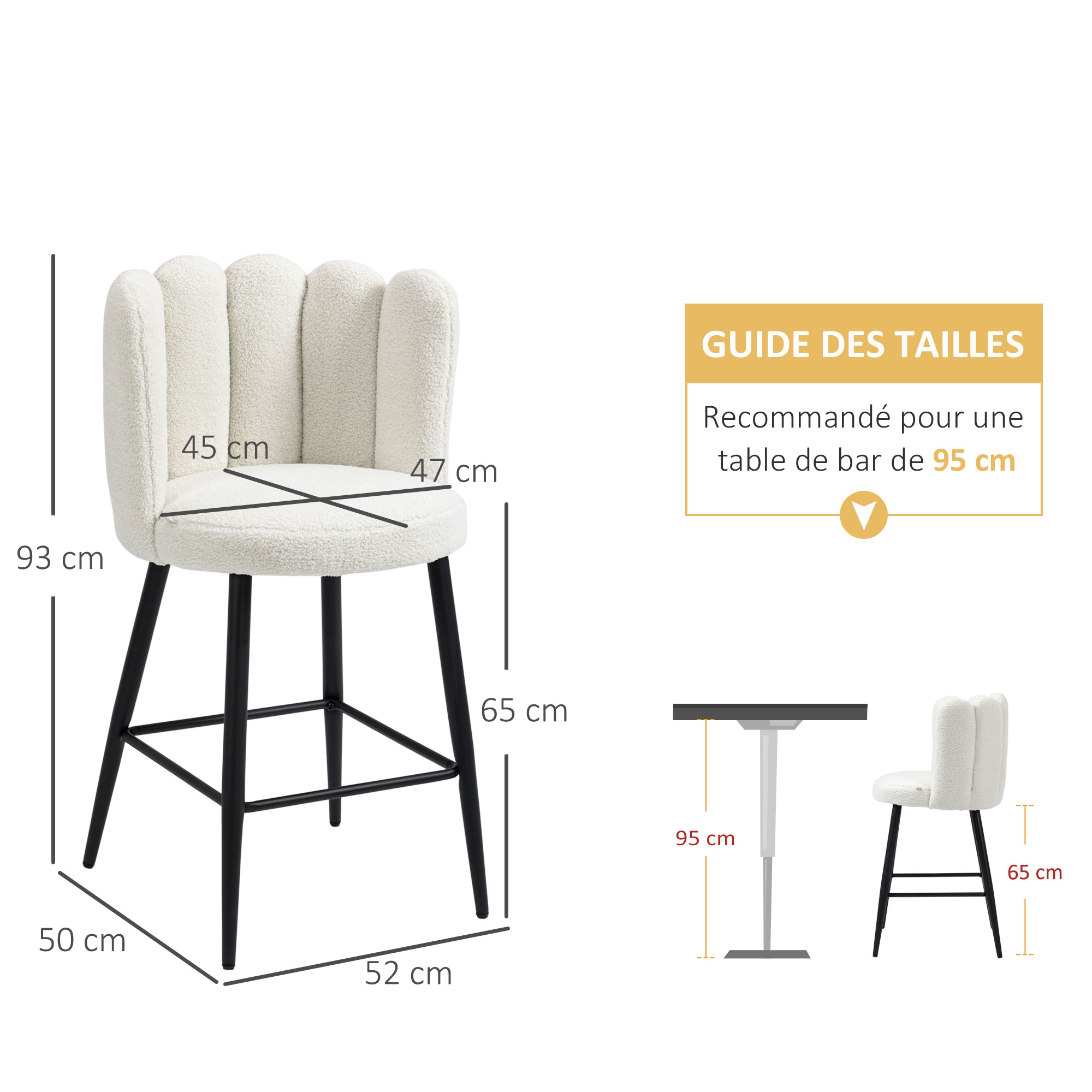 Lot de 2 tabourets de bar tissu crème structure acier HOMCOM - 3