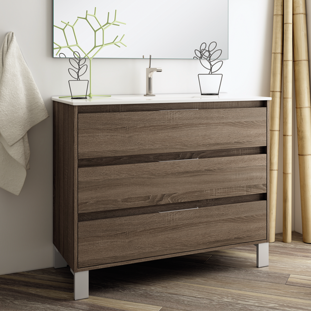 Meuble sous vasque seul, 3 tiroirs, 100cm, simple vasque - britannia (chêne foncé) - TIRIS