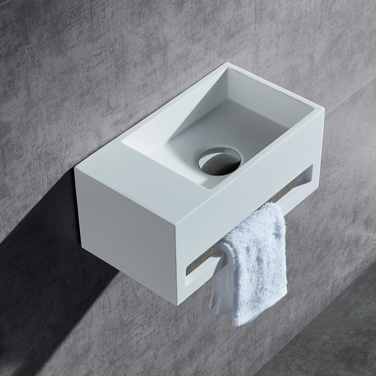 BERNSTEIN - Vasque murale design, Lave main fonte minérale Salle de bain - Blanc mat - 35,5x20x16cm - BA2105 Avec cache blanc et rangement à gauche - 2