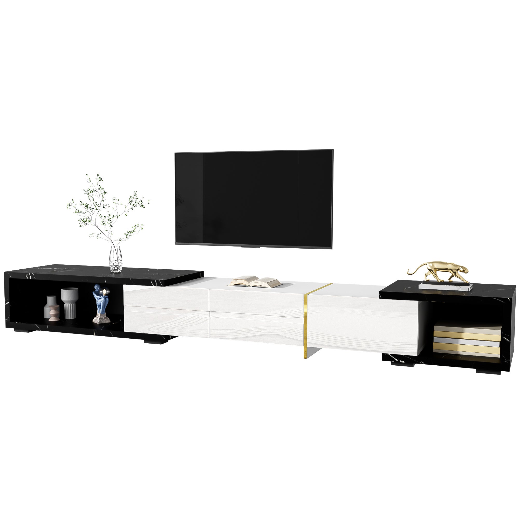 TV-Schrank o zmiennej długości 140-260 cm, marmur czarny, biały lustrzany, złote akcenty