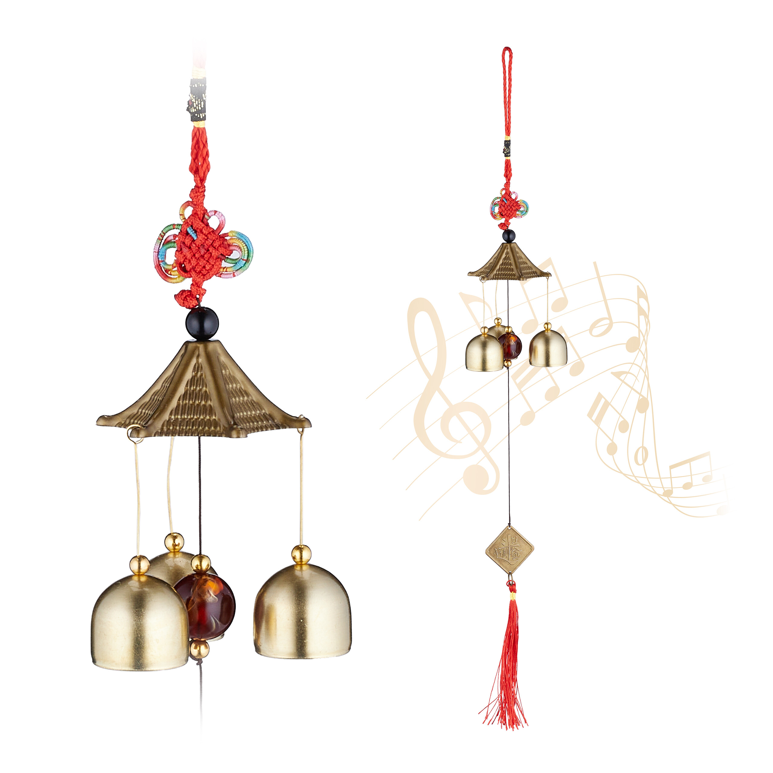 Relaxdays set 2 carillones viento, juego campanas metal jardín, interior y exterior, colgante, feng shui, dorado/rojo