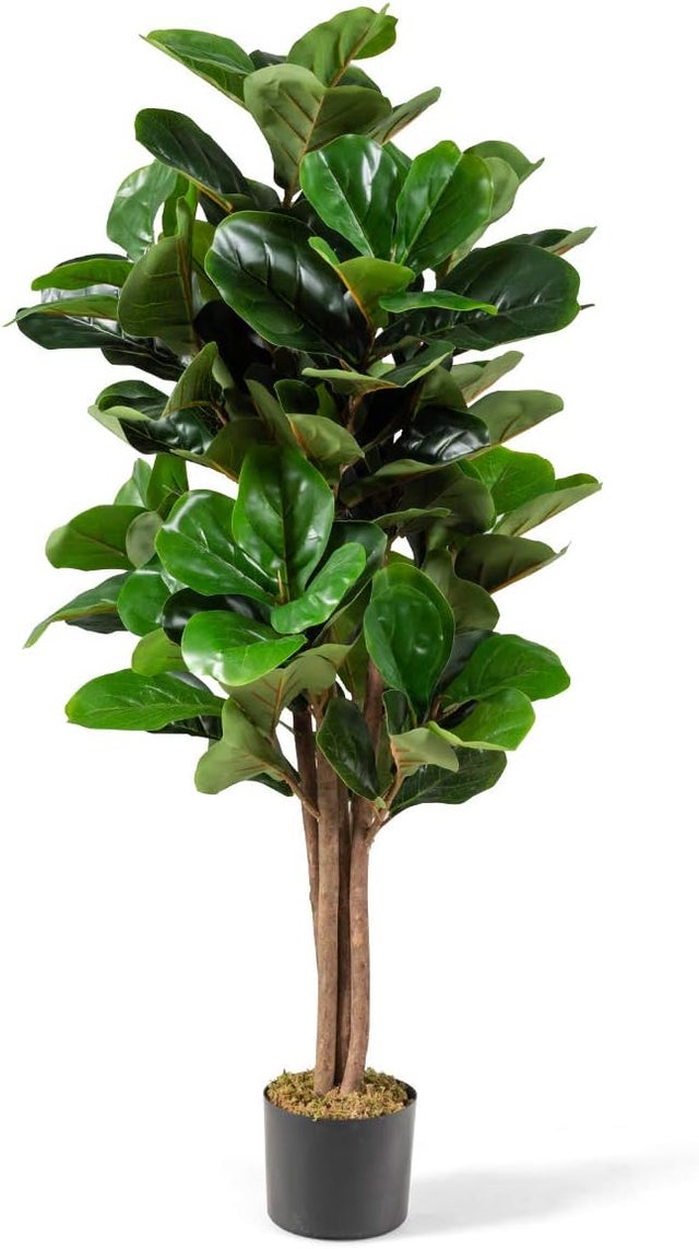 Sztuczna Figowiec 120 cm, Rośliny w Sztucznej Doniczce z Imitacją Liści i Prawdziwym Pniem, Dekoracja bez Konieczności Pielęgnacji, Zielono-Brązowa