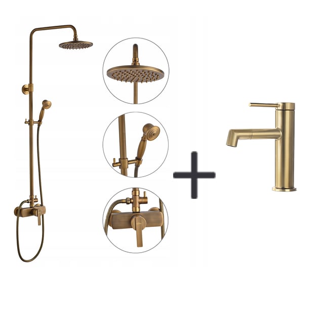 Colonna doccia in ottone Bronzo Retro,Doccia con Miscelatore Meccanico,AltoEur Regolabile+Rubinetto Lavabo Girevole 360°,Acquia Calda/Fredda,Dorato