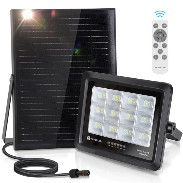 Aigostar Foco Proyector LED Solar con mando a distancia 200w, 6500K, IP65,Proyector LED Exterior con Brillo y Sincronización ajustables