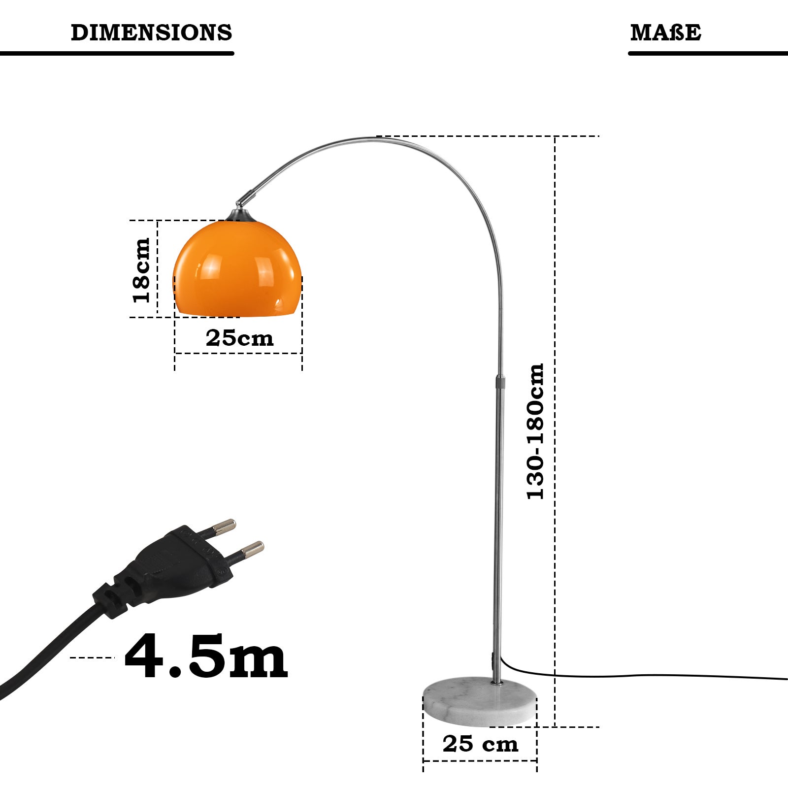 Lampe sur Pied - à Archet, max. 8/60W avec Ampoules Régulières/LED E27, Hauteur Réglable, Inox, Abat-jour Rotatif 360°, Orange - 3