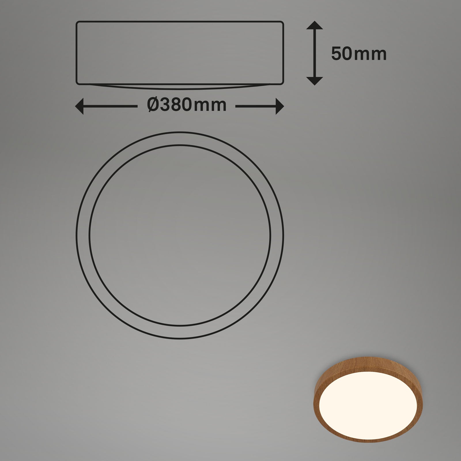 Plafonnier LED - avec cadre bois - IP20 - D.380 mm - aspect bois naturel - blanc chaud 3000K - 24W / 2900lm - Briloner - 6