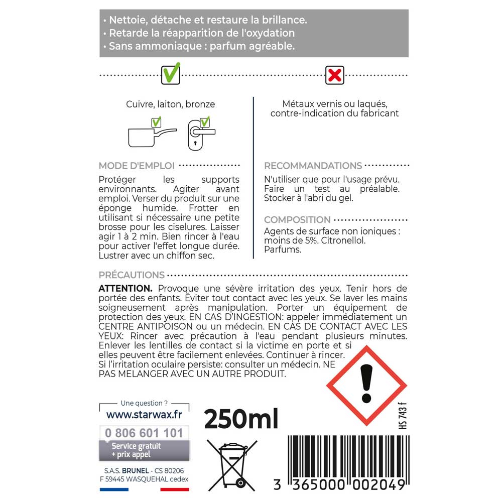 STARWAX - Nettoyant spécial pour cuivre laiton bronze - 250 mL - 5