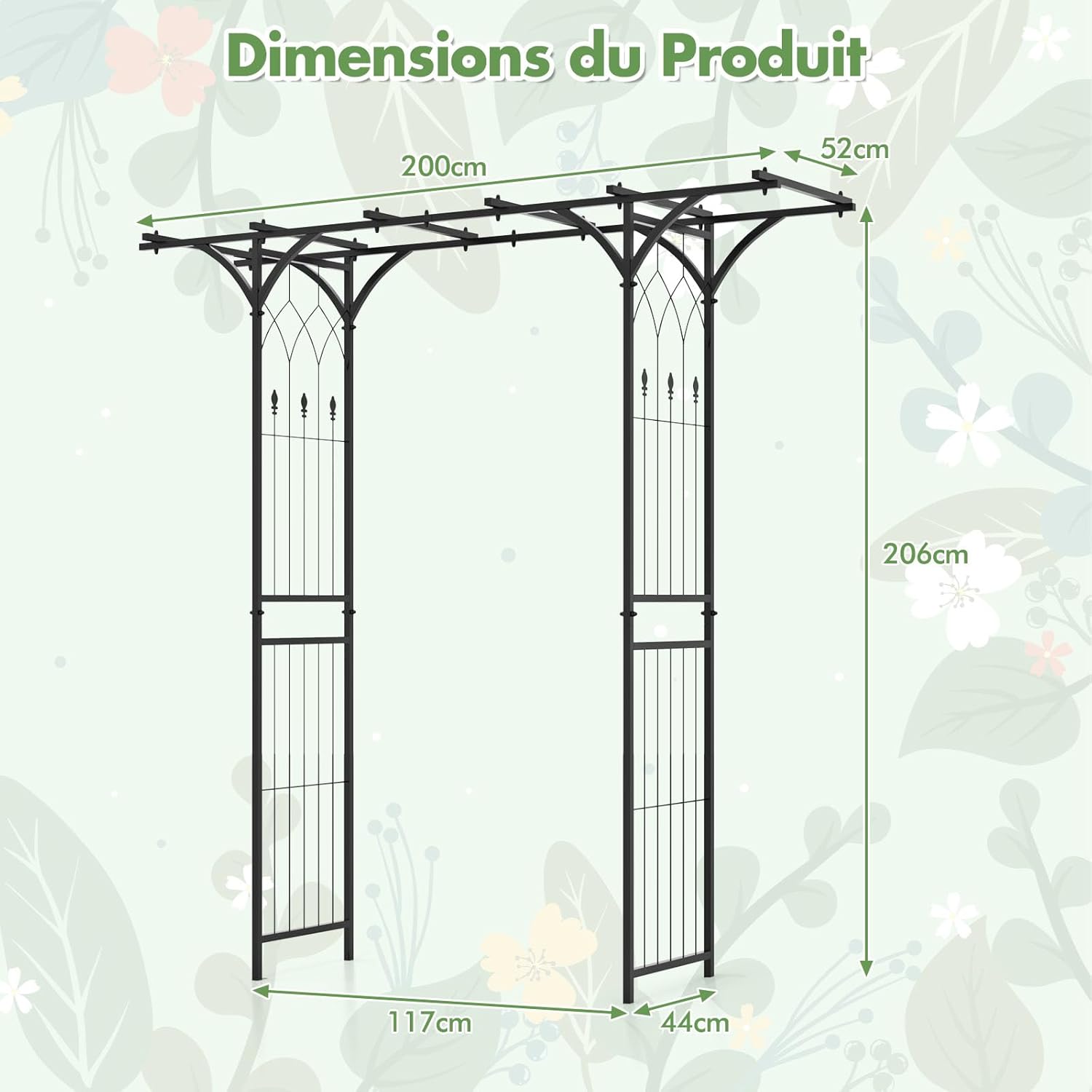 Arche de Jardin Fer 205 cm, Arche de Jardin avec Treillis pour Plantes Grimpantes, Vignes, Roses, Arche Décorative Extérieure,200 x 52 x 205 cm - 2