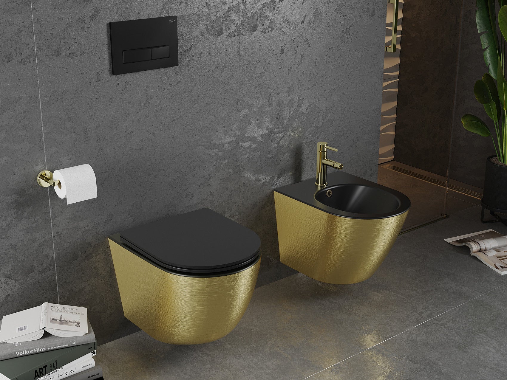 Mexen Lena bidet wiszący, czarny mat/złoty wzór linie - 35224877 - 2