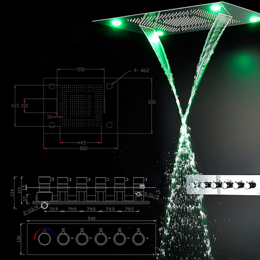 🚿 Ciel de pluie LED, composition de douche Tiro chrome 800 x 600 mm - 9