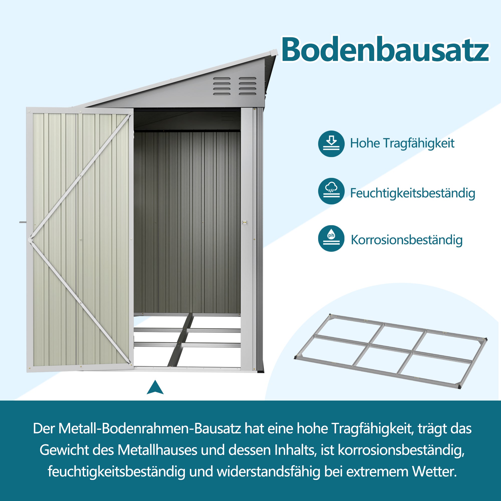 Caseta de jardín exterior3,2 m² /291x110x188 cm con kit de suelo – Caseta para herramientas con 2 puertas+ 2 ventanas,Cobertizo Metálico - Gris - 6