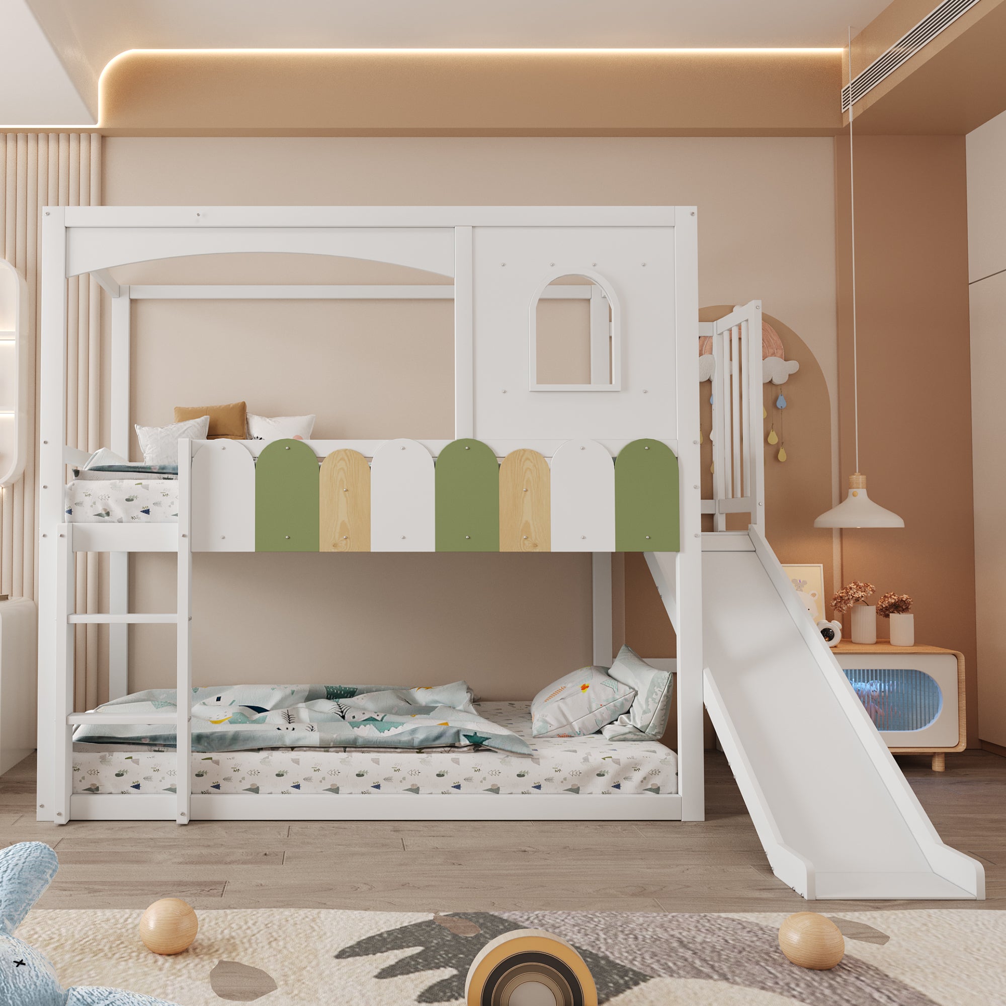 Łóżka piętrowe 2 x 90 x 200 cm ze zjeżdżalnią, barierkami i oknem - sosna + sklejka + płyta MDF - białe (materace nie są wliczone w cenę)