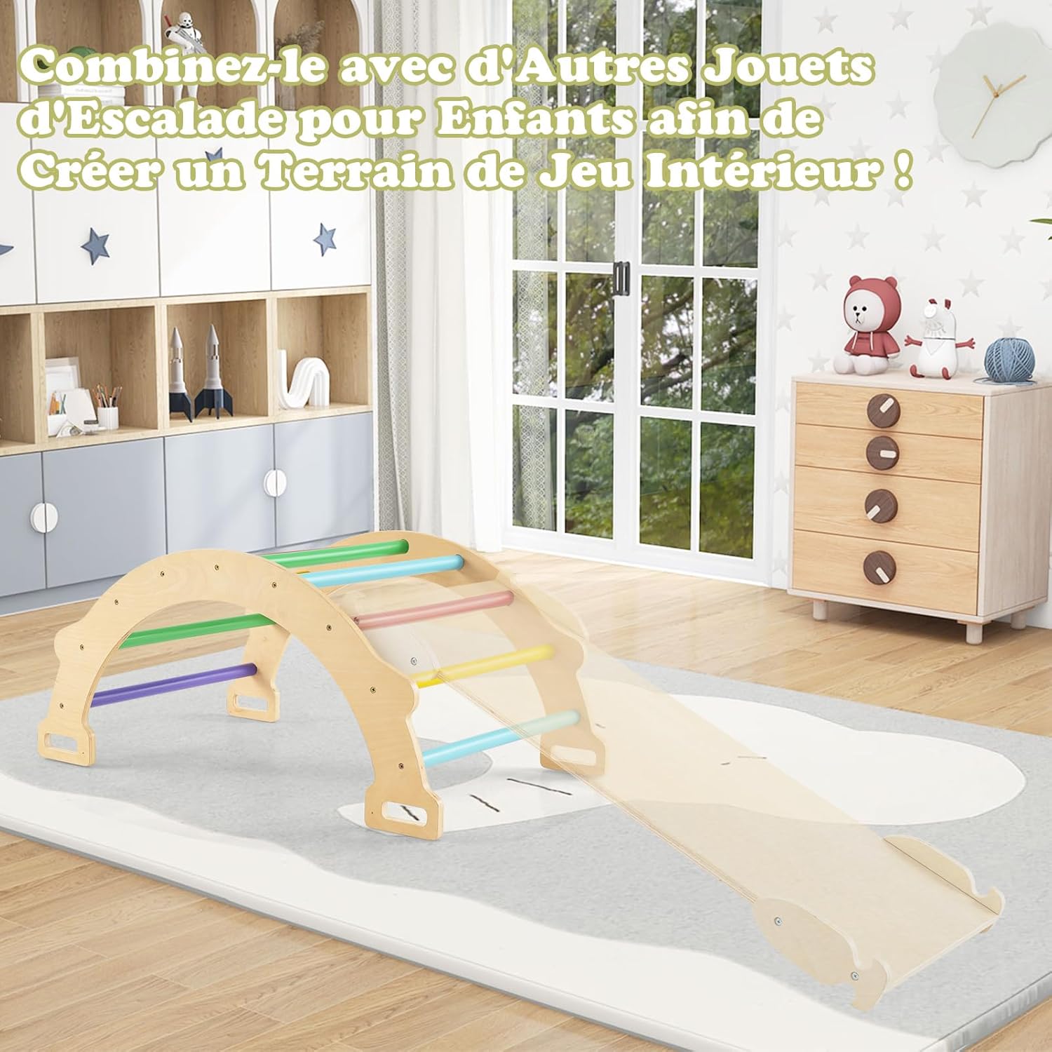 4 en 1 Arche d’Escalade en Bois Enfants avec Coussin Moelleux, Arche à Bascule, Charge 50KG, 3 Ans+ - 4