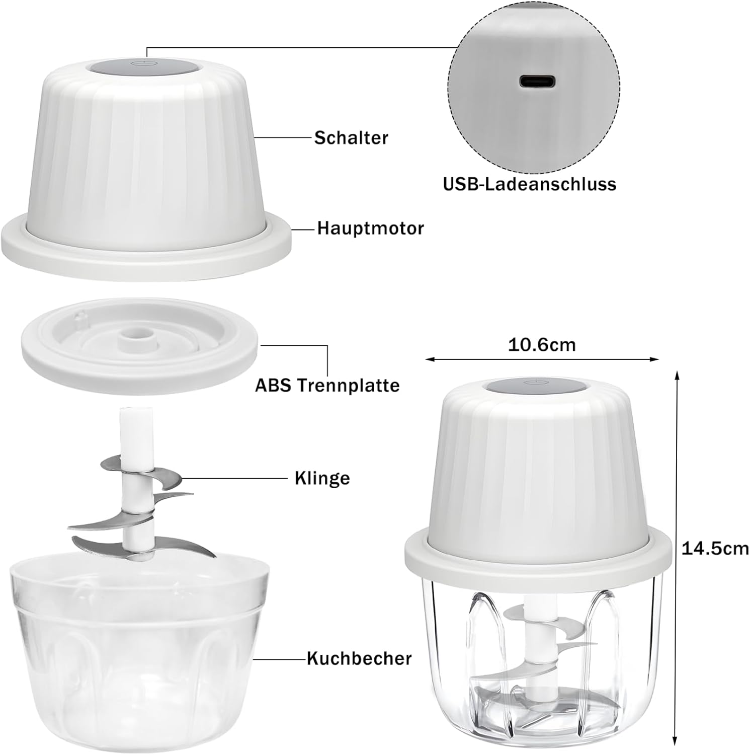 Tritatutto Elettrico Per Cipolle 400 Ml – 6 Lame, Ricaricabile USB-C