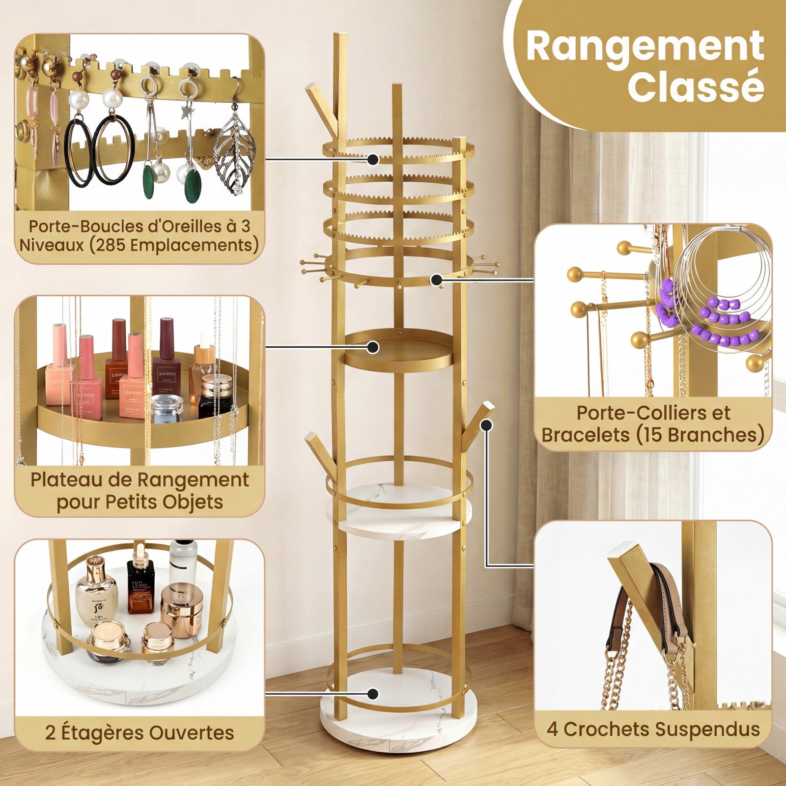 Support Organiseur pour Bijoux, Arbre à Bijoux Pivotant à 360° avec Crochets pour Boucles d'Oreilles et Colliers, 3 Étagères de Rangement, Blanc - 3